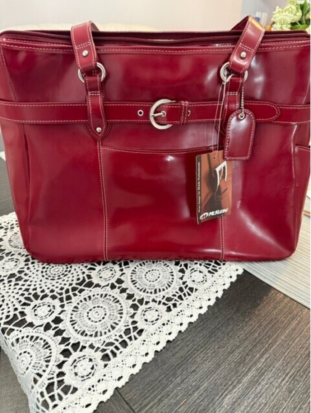NWT McKlein Serra laptop tote real leather in red silver hardware - STUNNING